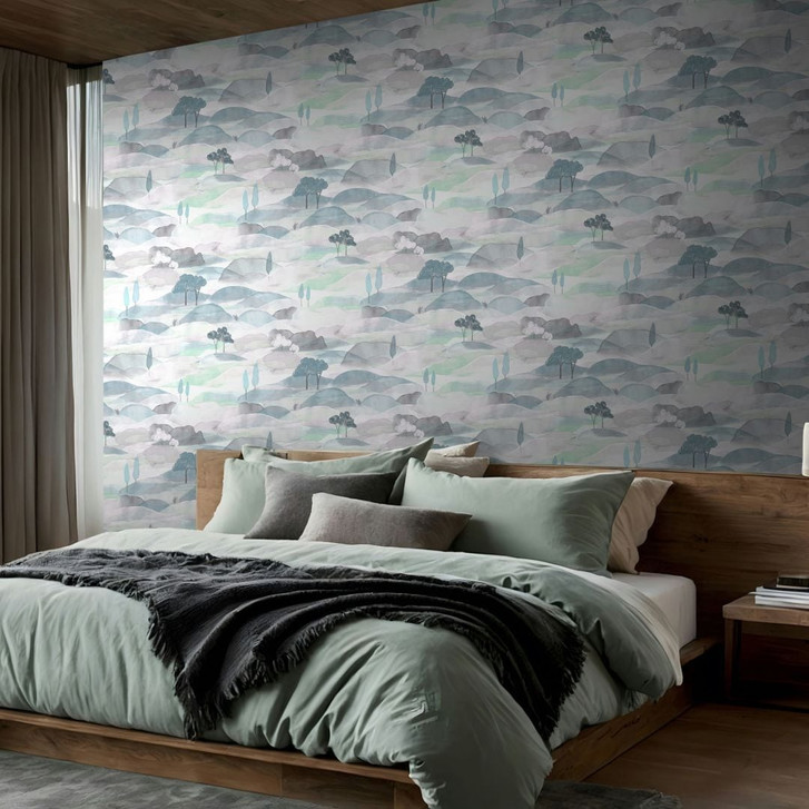 Vliestapete Landschaft Grafisch Natur matt in Weiss Grün Blau - WA497350
