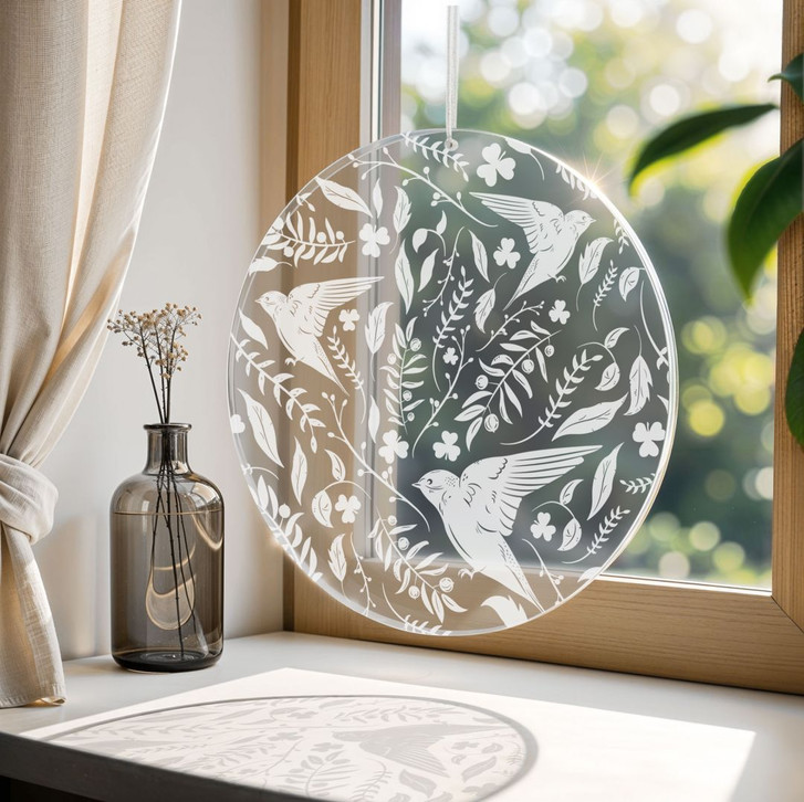 Acrylglasbild, Fensterbild zum Aufhängen Zarte Vögel und Blüten im Frühling - Rund - WA441310