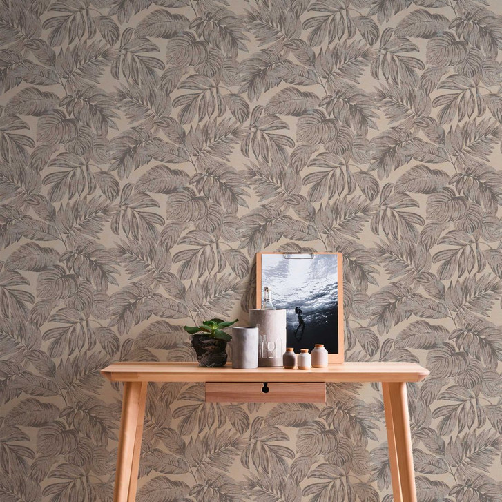 Palmen-Blatt Vliestapete Braun Grau - Dschungel Tapete für Schlafzimmer - WA396614