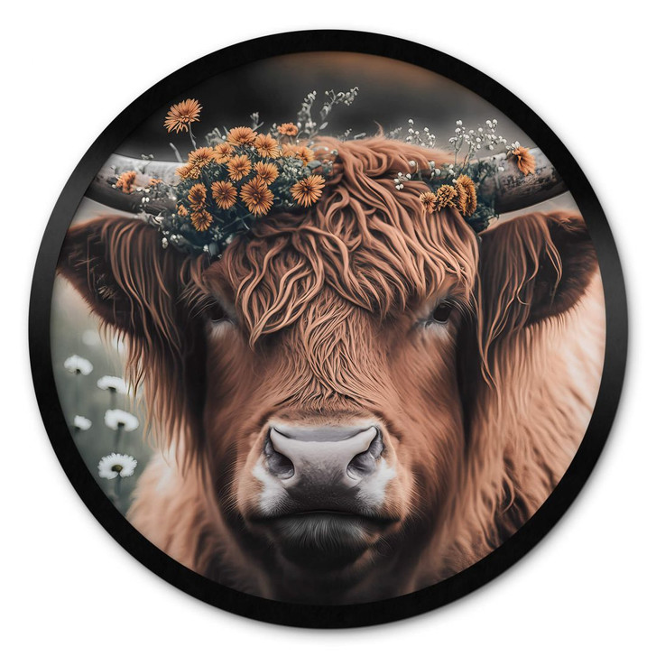 Poster Treechild - Hochlandkuh mit Blütenkranz - Rund - WA407570