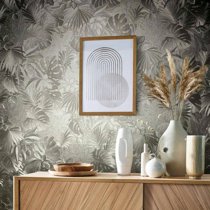 Vliestapete mit glänzenden Blättern grau/gold metallic Floral - WA507858