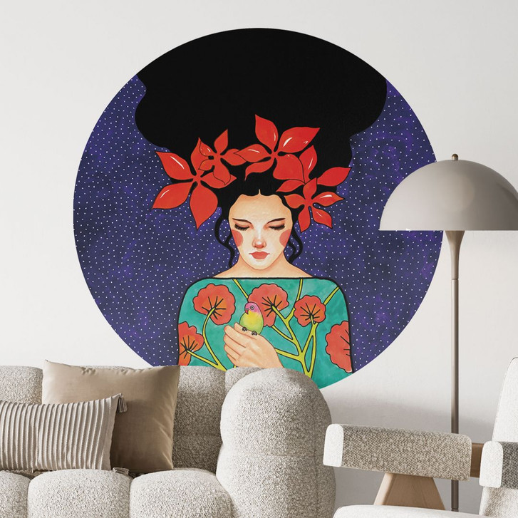 Wandtattoo Frau mit roter Blütenkrone und Vogel - Hülya - Rund - WA486278