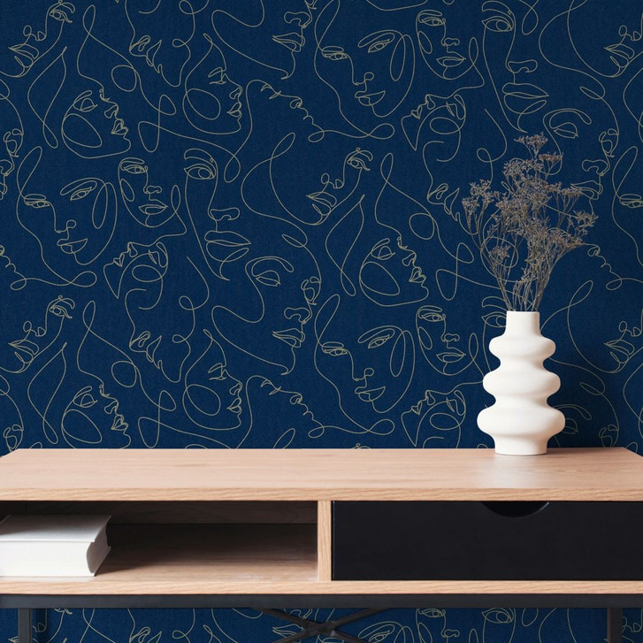 Gesichter-Tapete Dunkelblau Gold - Vliestapete Line-Art modern elegant Kunst - WA509597
