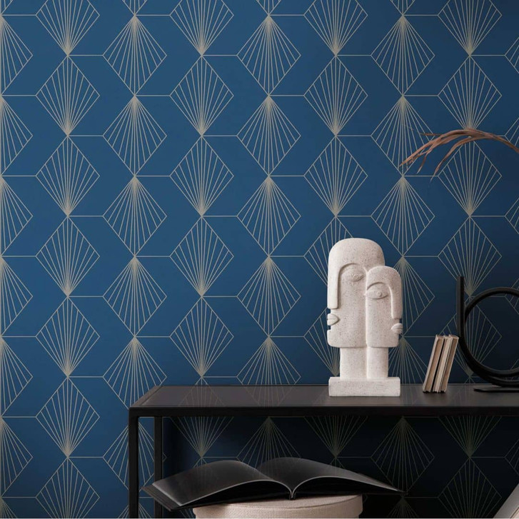Geometrische Art Deco-Tapete Blau Silber - Mustertapete modern - Vliestapete - WA456983