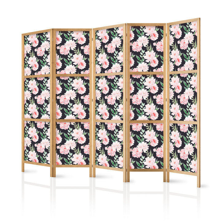Japanischer Paravent, Raumteiler freistehend, Trennwand - Peonies on Graphite Background - WA454953