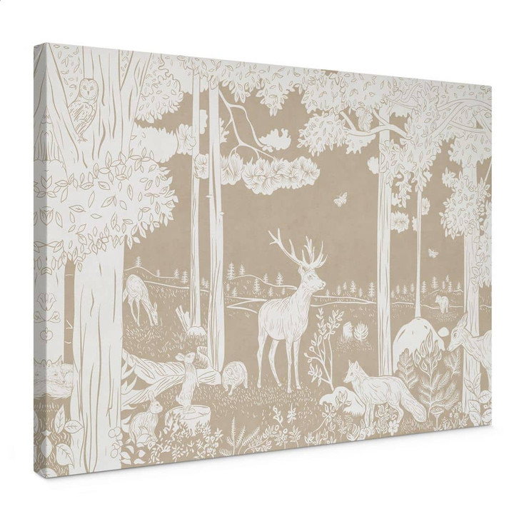 Leinwandbild Herbstlicher Wald mit Hirschen und Füchsen - Braun - Kikki Belle - WA437180