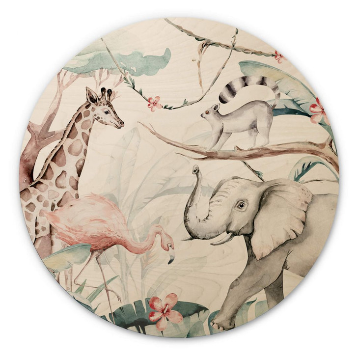 Holzbild Kvilis - Tierfreunde im Dschungel - Rund - WA302734