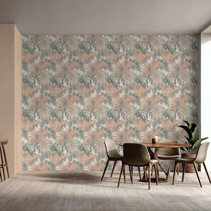 Tapete Vlies Blätter in Beige Blau Greige tropisch modern mit Monstera Look - WA509666