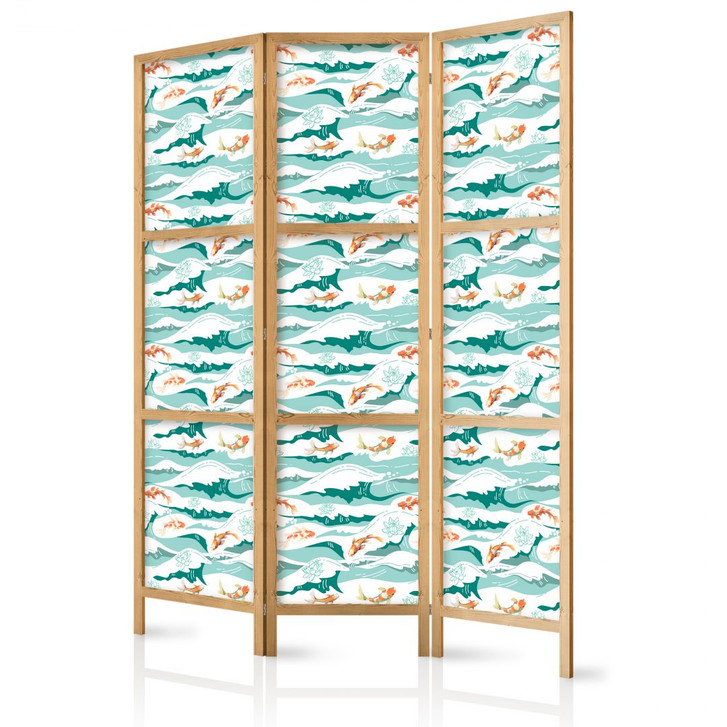 Japanischer Paravent, Raumteiler freistehend, Trennwand - Fish Jumping Over Waves - WA455185