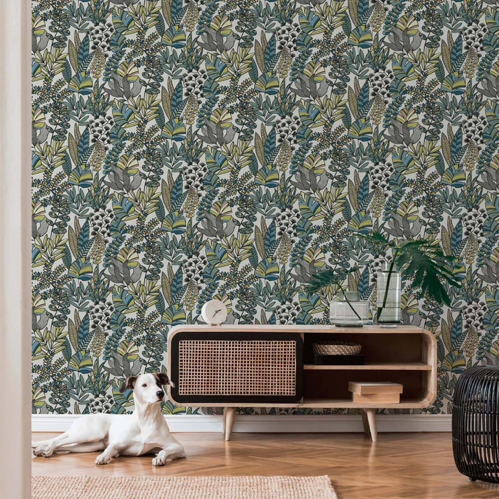 Dschungel Tapete Blätter Pflanzen Grün Blau Weiss - Muster Vliestapete - WA396412