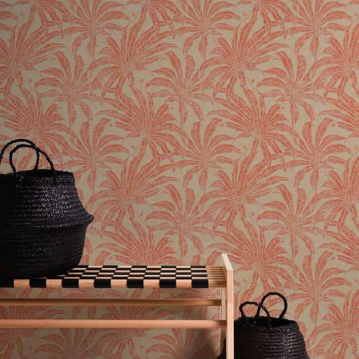 Dschungel-Tapete leicht glänzend Beige Rot - Mustertapete mit Pflanzen - WA396806