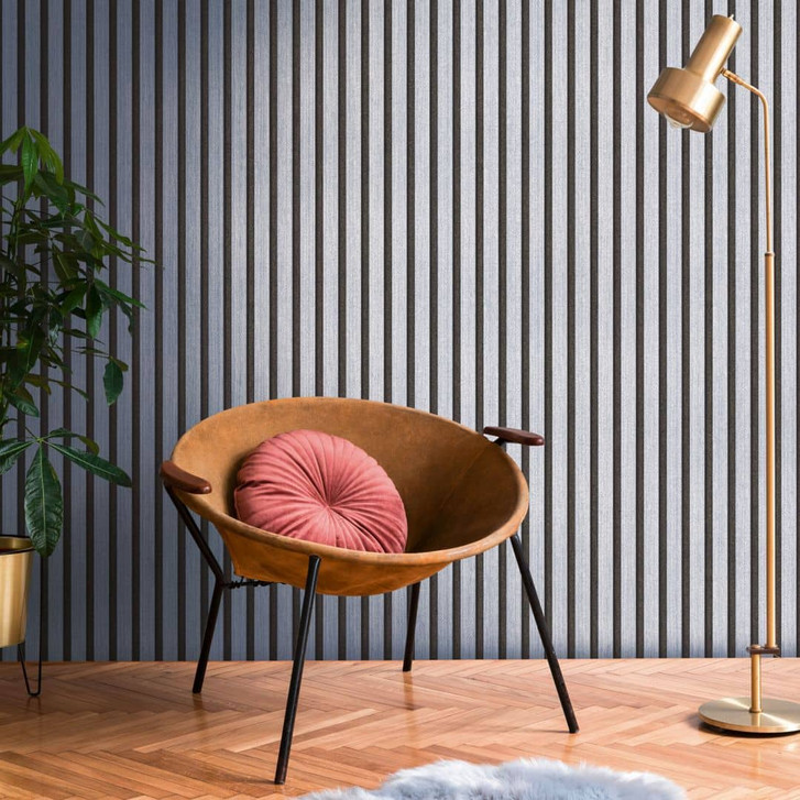 Metallic-Blaue Vliestapete mit Schwarz Skandinavische Akustik-Holzpaneel Optik Luxus-Tapete - WA431708