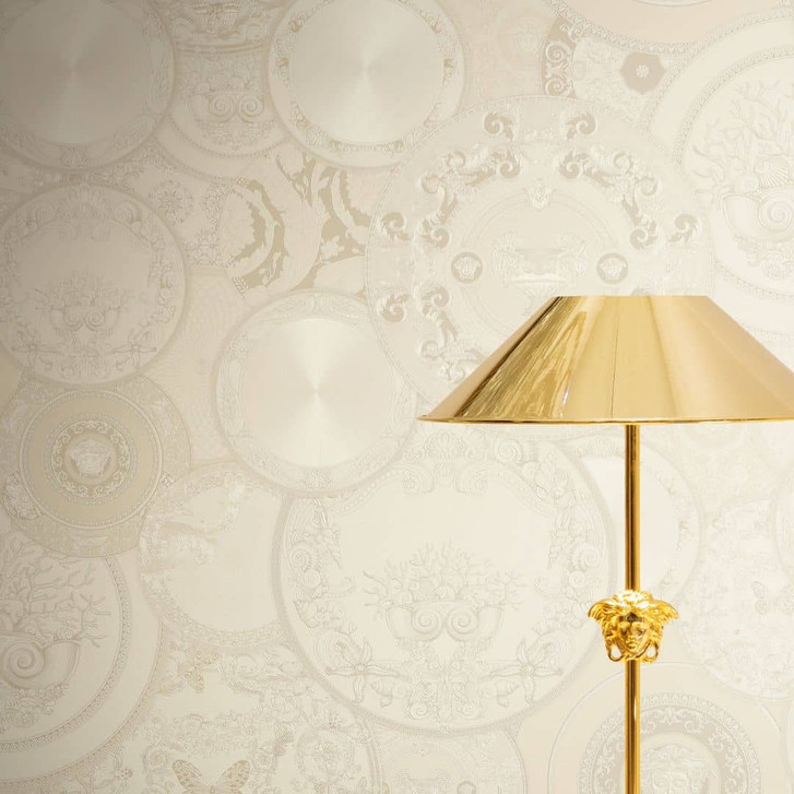 Versace Vliestapete Art De La Table Kreise Floral Mäander Medusa Beige Metallic - WA506926