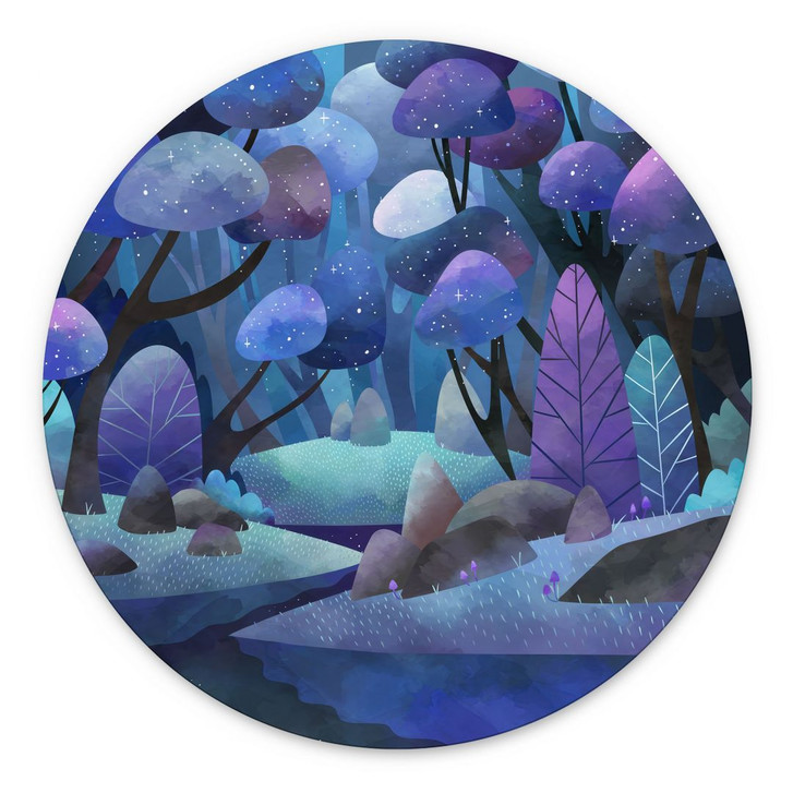 Wandbild Zauberwald in Mitternachtsblau - DigitalArtsi - Rund - Alu-Dibond - WA486683