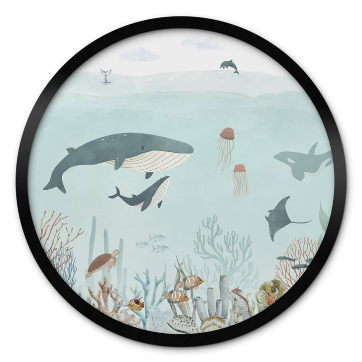 Poster für Kinder - Unterwasser-Abenteuer mit Meerestieren - Blau - Oliver Robins - Rund - WA435933