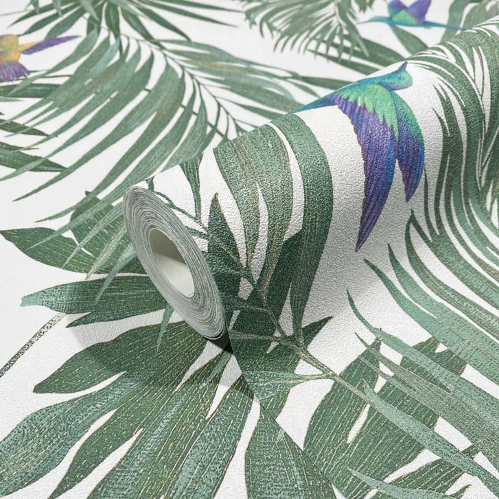 Vliestapete mit Kolibri und Blättern weiss, grün Floral - WA508483