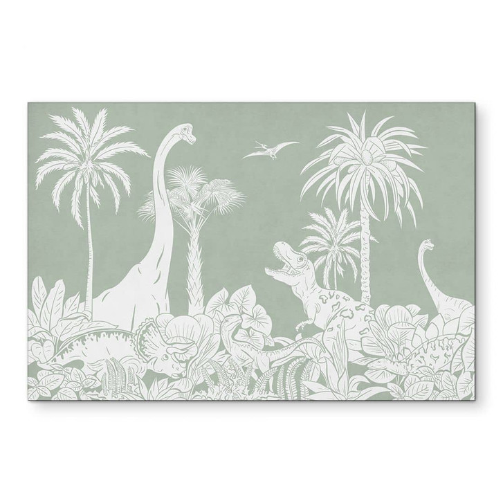 Wandbild Grüne Urzeitwelten - Dinosaurier unter Palmen - Kikki Belle - Alu-Dibond - WA435299