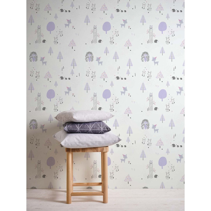 A.S. Création Kinderzimmertapete Little Love Vliestapete mit niedlichen Wald Tieren lila, weiss, grau, schwarz - WA325110