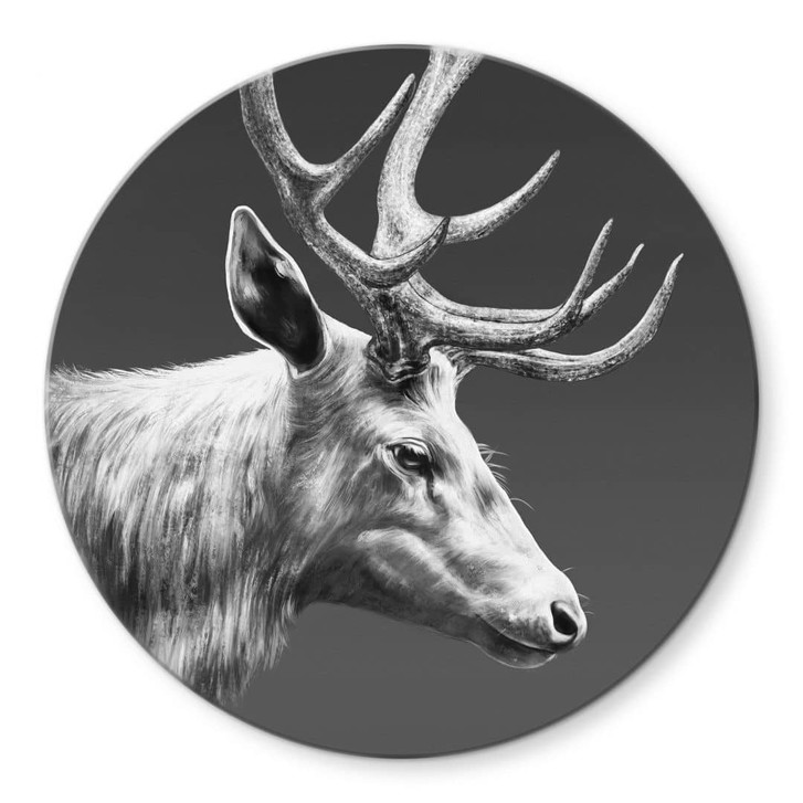 Glasbild Hirsch mit Geweih schwarz-weiss - Roberg - Rund - WA443705
