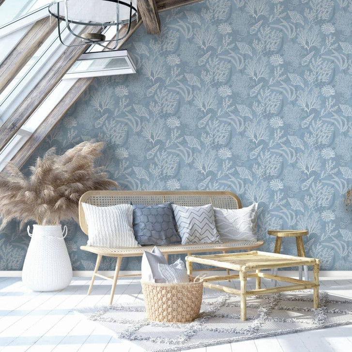 Vliestapete in weiss, blau Muscheln Unterwasser Grafisch Natur - WA446043