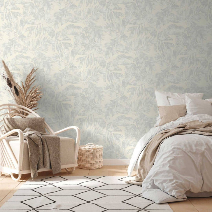 Dschungel Vliestapete Weiss Silber mit Metalliceffekt - Palmen Tapete Blätter - WA396617