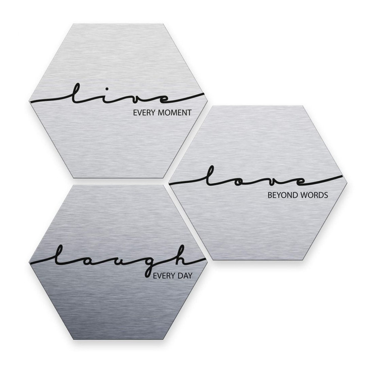 Hexagon - Alu-Dibond-Silbereffekt - Live Laugh Love (3er Set) - WA245159