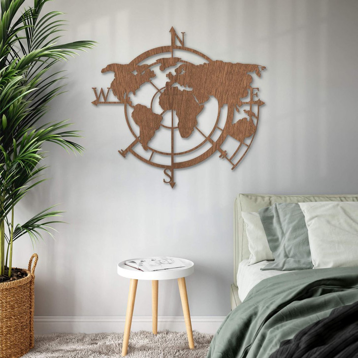 Holzkunst Mahagoni - Weltkarte Himmelsrichtungen 02 - WA291557