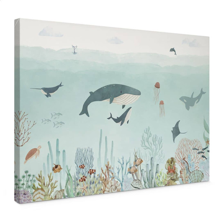 Leinwandbild Unterwasser-Abenteuer mit Meerestieren - Blau - Oliver Robins - WA435752