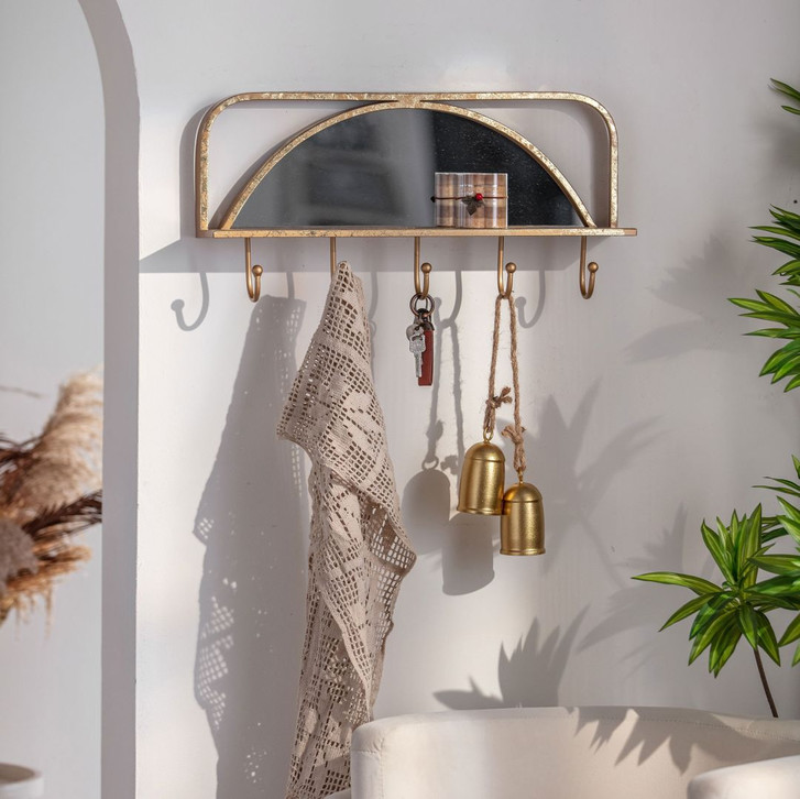 Metall Wandregal Spiegel mit Kleiderhaken - Goldoptik - 60 x 29 x 14 cm - WA419781