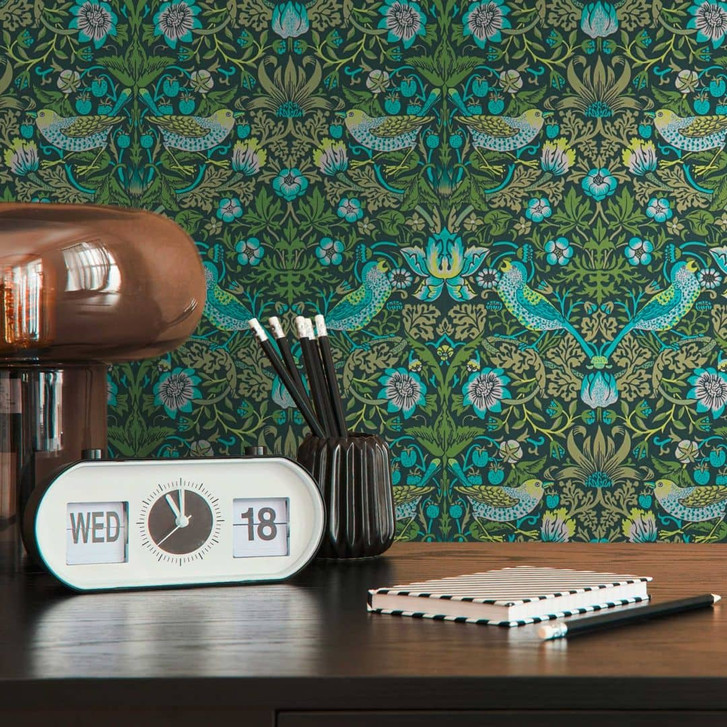 Vliestapete mit Blumen-Muster Grün Blau - Tapete mit Vögeln mit Tieren - WA396194