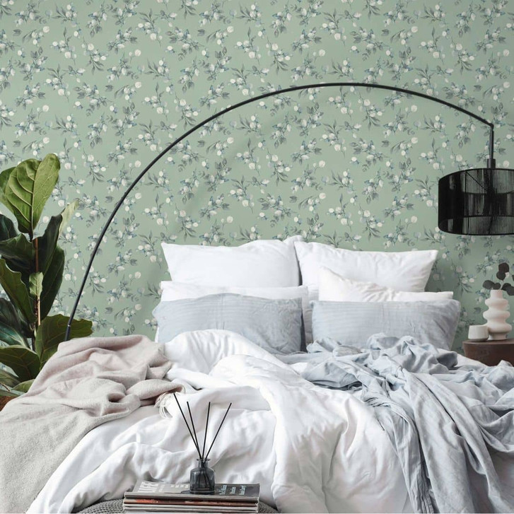 Florale Aquarell-Tapete Grün Blau – Vliestapete mit Blättern – Mustertapete dezent - WA458862