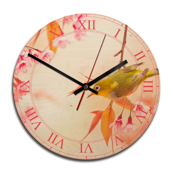 Holz-Wanduhr - Vogelgezwitscher in der Kirschblüte - WA233588