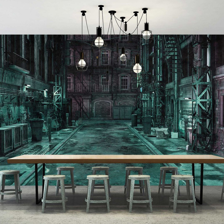 Fototapete Urbane Nachtszene - Mystisches Gassenmotiv in Kühlem Blau - WA386134