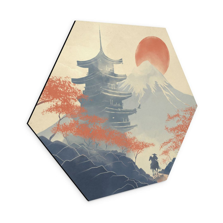 Hexagon Wandbild Sonnenaufgang über der Pagode - Roze - Alu-Dibond - WA435219