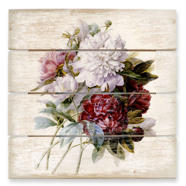 Holzbild Redouté - Strauss von roten, lila und weissen Pfingstrosen - 40 x 41.5 cm - WA132390