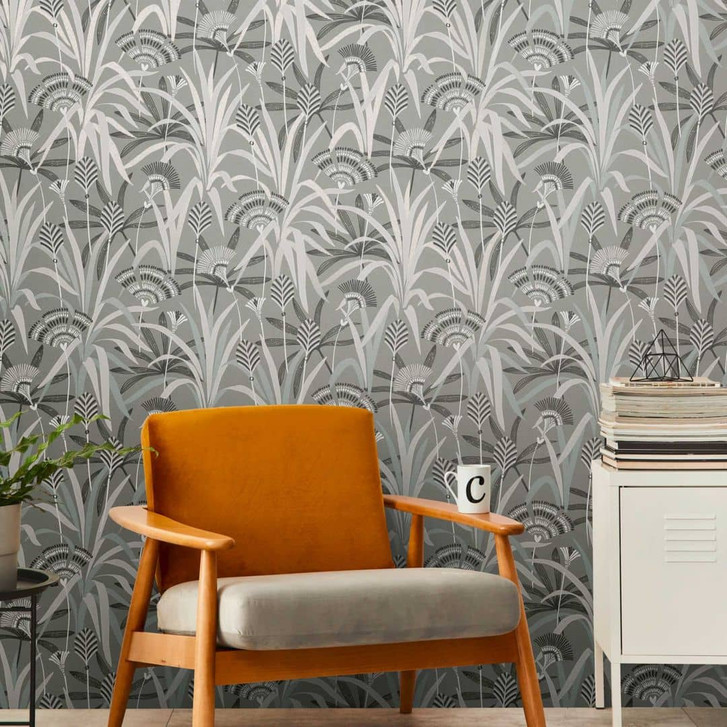 Pflanzen-Tapete in Grau Schwarz – Vliestapete mit modernem Blättermuster - WA457016