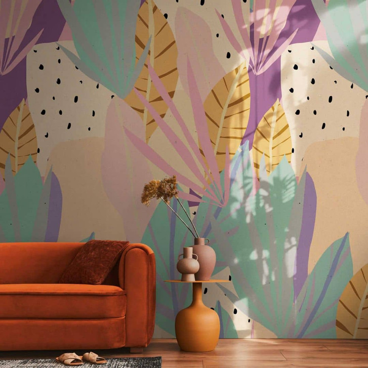 Tropen-Fototapete Pastell Rosa Grün – Dschungel-Tapete mit Blättern – Vliestapete modern - WA461010