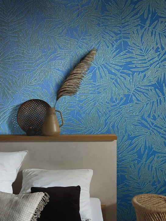 Vliestapete Blätter Floral Modern in Blau - WA483179