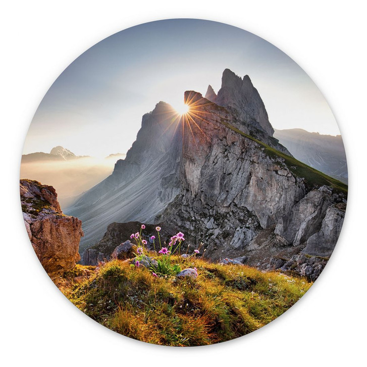 Wandbild Sonnenaufgang über den Bergen in Südtirol - Alu-Dibond - Rund - WA422887