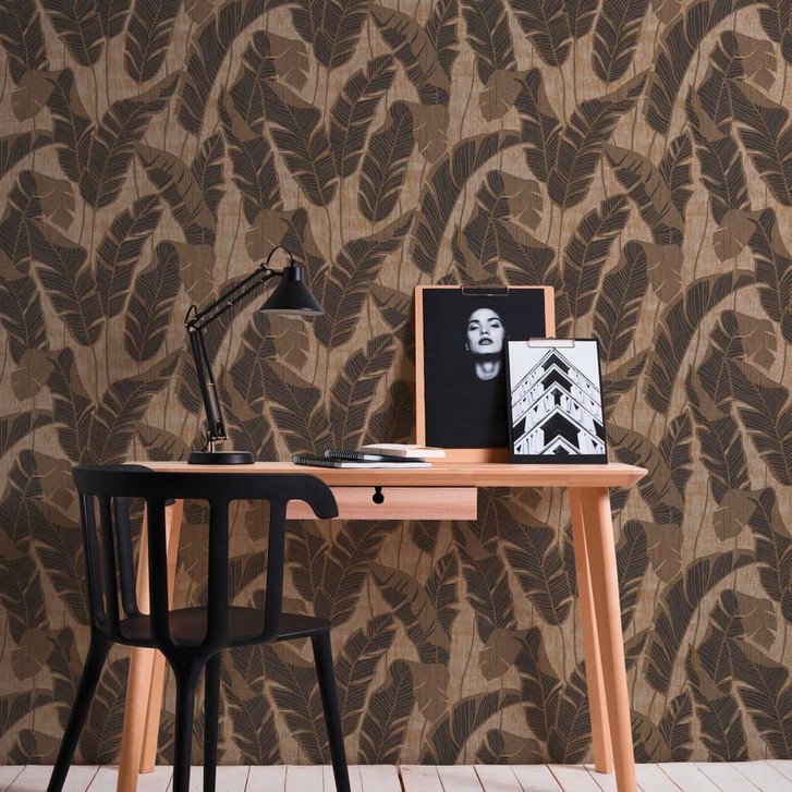 Blätter-Tapete leicht glänzend Beige Schwarz - Florale Mustertapete Pflanzen - WA396823