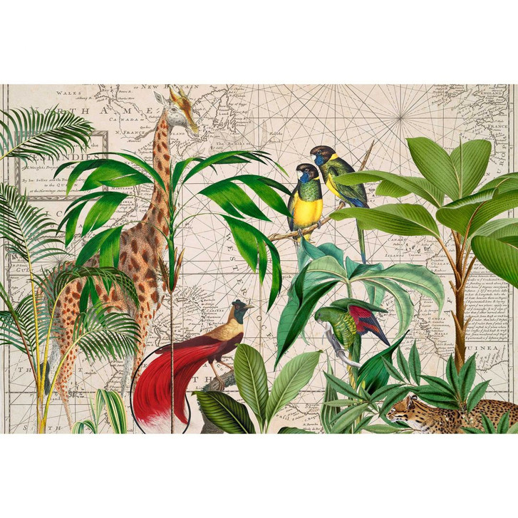 Livingwalls Fototapete ARTist Palm Tree Map mit Dschungel und Giraffe beige, braun, grün, rot - WA310891