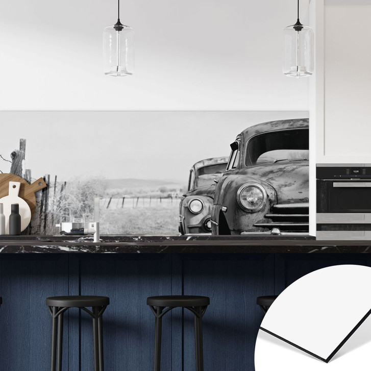 Küchenrückwand Old Rusted Cars - schwarz-weiss - WA402322