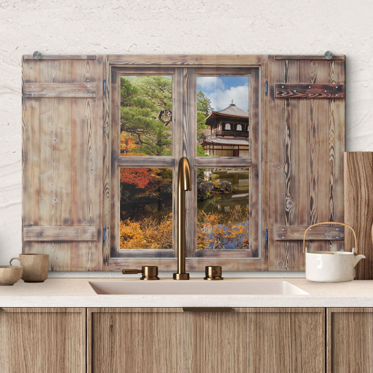 Spritzschutz 3D Holzfenster - Japanischer Tempel - WA240889