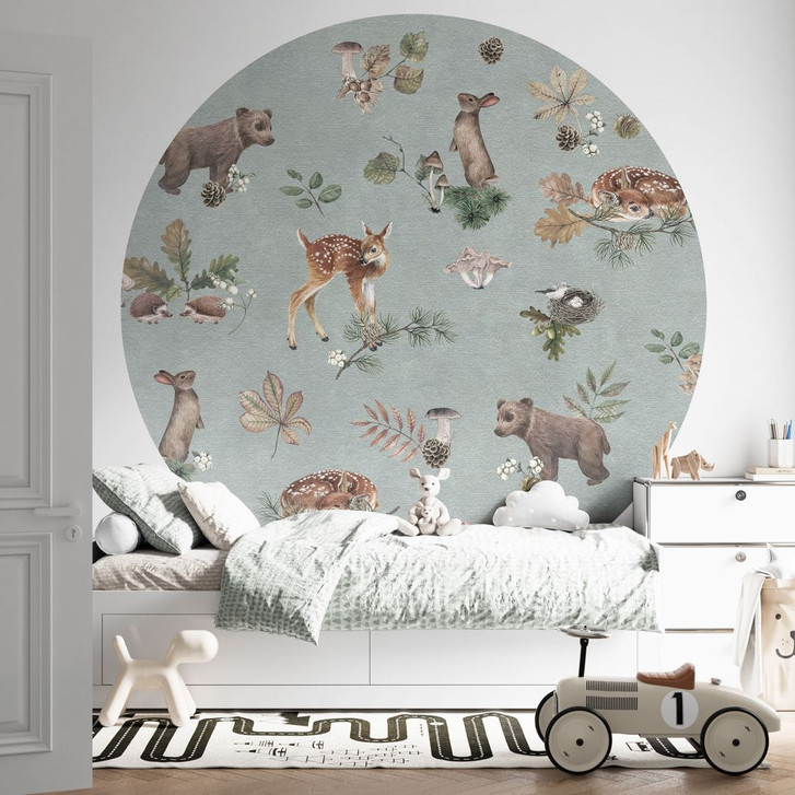 Fototapete Rehkitz und Waldfreunde - Tiere für Kinder - blau - Kikki Belle - Rund - Selbstklebend/Vlies - WA471068