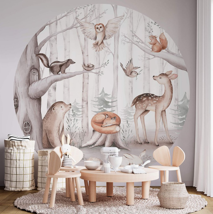 Fototapete Süsse Tiere im Wald - Kinderzimmertapete Rund - Kvilis - Selbstklebend/Vlies - WA399585