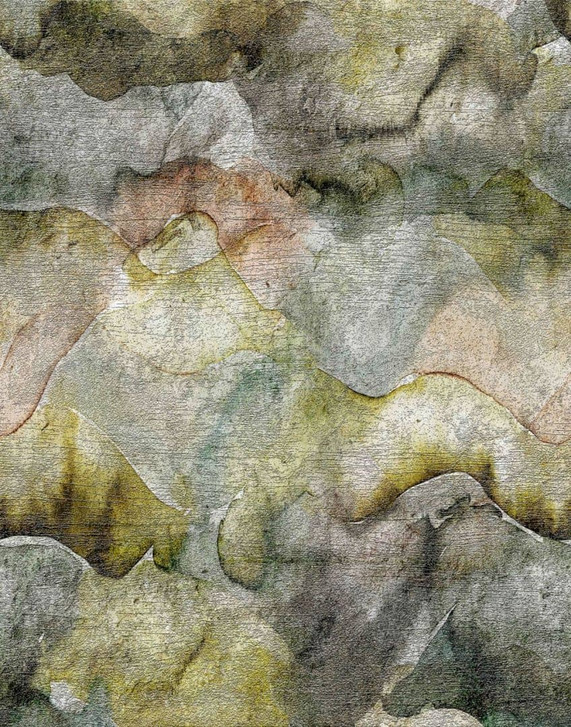Fototapete Wandtapete mit Motiv Aquarell Berge in Grau und Olivgrün mit Nebel Effekt 2.7 x 2.12 m - WA505219