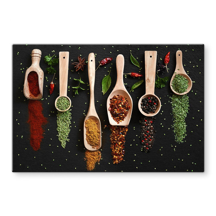 Glasbild Kräuter und Gewürze auf Holzlöffel - Dingemans - WA399918