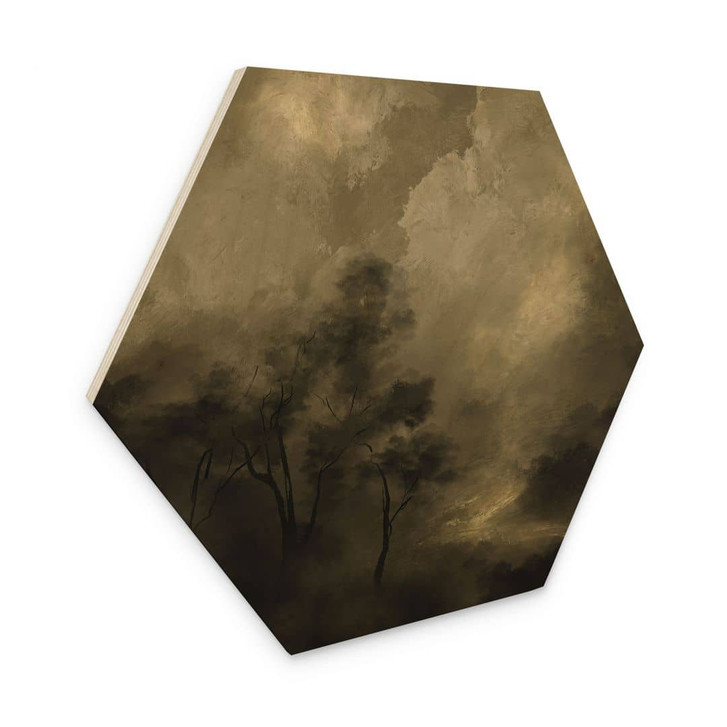 Hexagon Holzbild Bäume im Nebel der Dämmerung - Hobday - WA456648