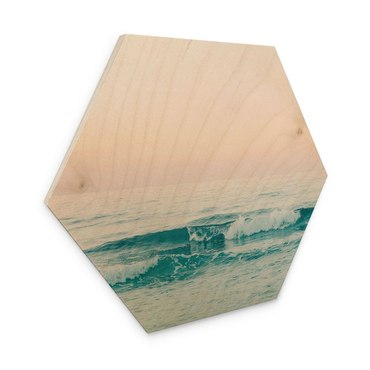 Hexagon-Holzbild Blaues Meer trifft auf rosa Himmel in Griechenland - Sisi & Seb - WA425458