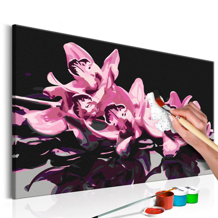 Malen nach Zahlen Leinwandbild - Rosa Orchidee auf schwarzem Hintergrund - 50 x 40 cm - mit Keilrahmen - bespannt
